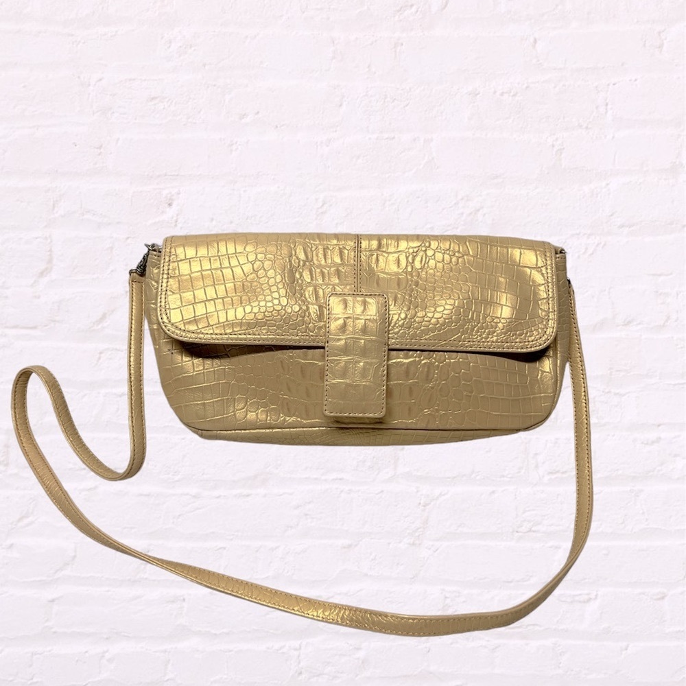 Vintage Preston & York croc vegan leather metallic gold crossbody clutch purse